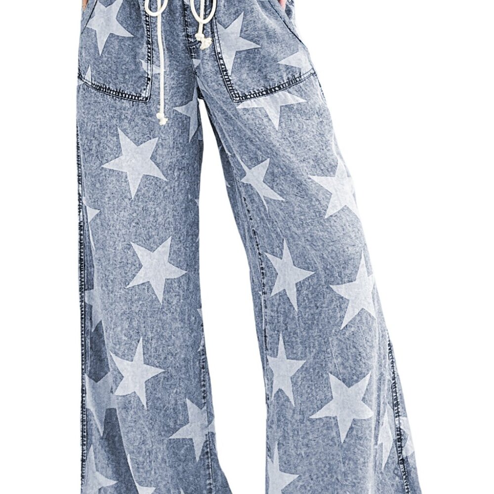 B274 Light Blue Star Print Light Wash Drawstring High Waist Wide Leg Jeans - Picture 3 of 12